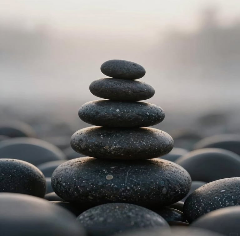 Macro texture of smooth dark river stones stacked gently, soft diffused morning mist lighting, calming zen composition