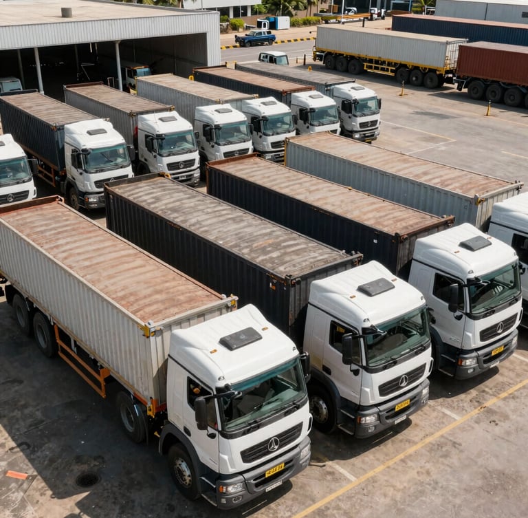 Wide-angle environmental shot of heavy-duty flatbed cargo trucks lined up at a modern consolidation terminal in Lagos, high-contrast midday sun, sharp industrial shadows.