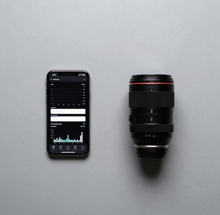 Minimalist overhead shot of a clean workspace with a smartphone displaying high-contrast analytics charts next to a sleek camera lens, cool gray shadows, 50mm lens