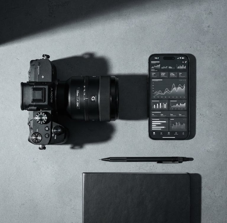 Minimalist modern workspace, high-contrast studio lighting, sharp shadows, overhead desk layout with a professional camera lens and a smartphone displaying clean analytics charts, monochrome tones.