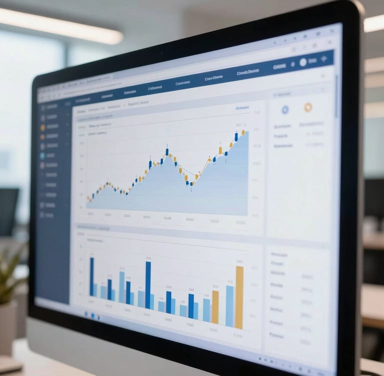 Close-up of a modern financial dashboard on a high-resolution screen, clean charts displaying conversion metrics, soft blue and gold ambient light, professional editorial photography