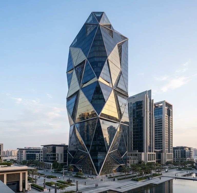 Wide architectural shot of Al Khatem Tower in ADGM Square, Abu Dhabi, sharp geometric lines, cool morning light reflecting off glass facades, professional editorial photography, 35mm