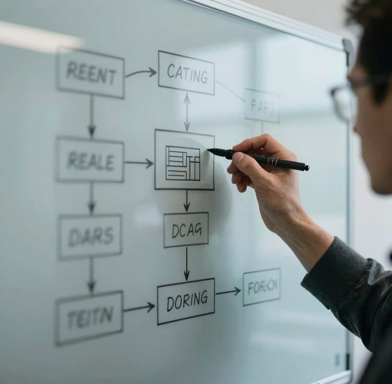 Close-up of hands drawing structured workflow diagrams on a clean glass whiteboard, natural cool office lighting, precise and professional.