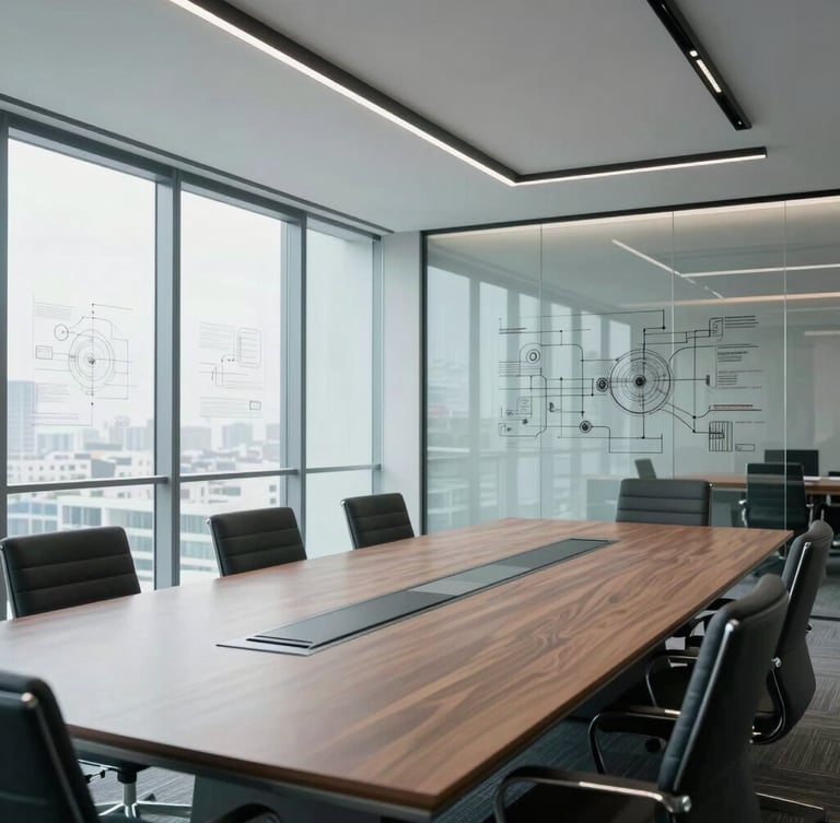 Wide panoramic shot of a modern corporate boardroom with clean architectural lines, cold natural light, technical diagrams on glass