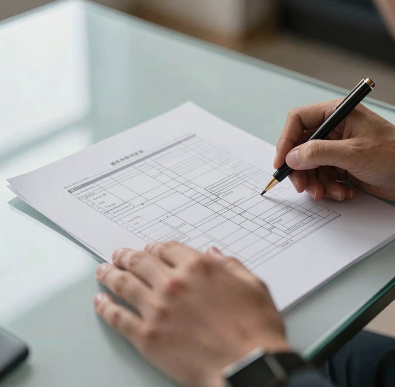 Close-up of professional hands analyzing structured data flowcharts on a clean glass table, cold natural light
