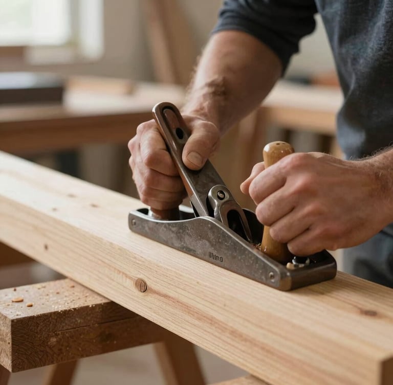 Close-up of a craftsman's hands using a traditional hand-plane on a massive timber beam, soft side-lit workshop daylight, shallow depth of field, 35mm