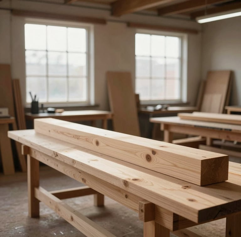 A wide environmental shot of a clean, structured timber workshop, natural light streaming through high windows, large wooden beams resting on workbenches, 35mm