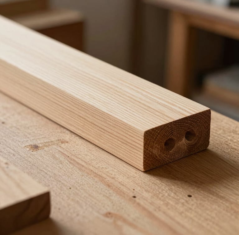 Close-up of hand-planed timber grain, a chiseled mortise and tenon joint, soft natural side-lit workshop daylight, shallow depth of field