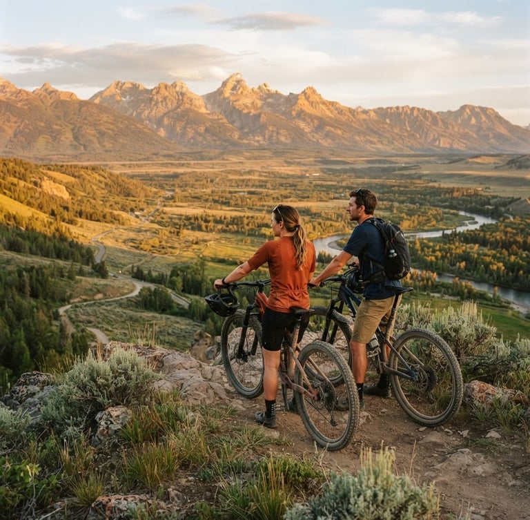 Wide environmental shot, golden hour, two friends leaning on mountain bikes looking out over the Teton Valley, warm low-angle sunlight, 35mm film look.