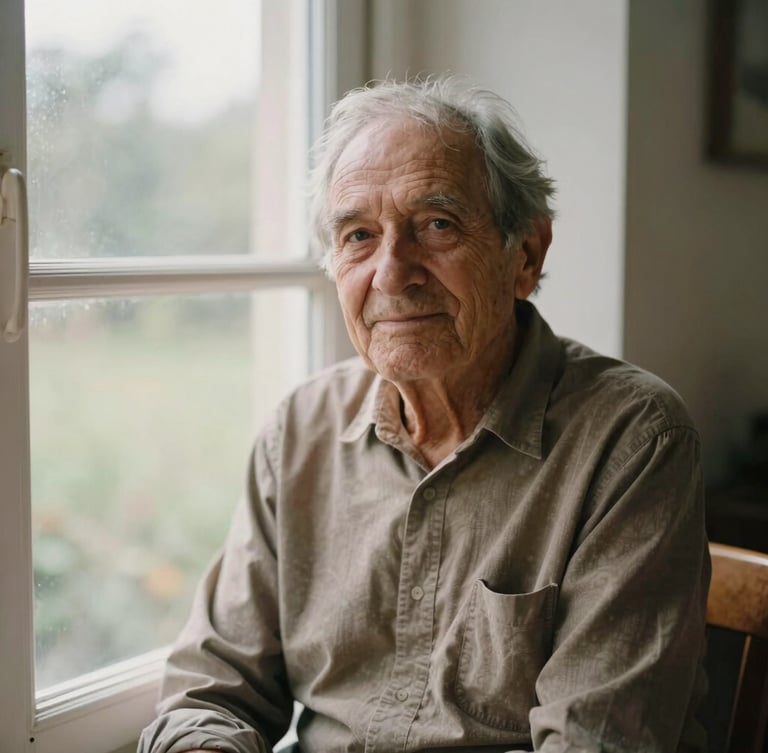 A warm, honest portrait of an elderly homeowner sitting by a window, soft natural overcast daylight, muted earthy tones, 35mm lens.