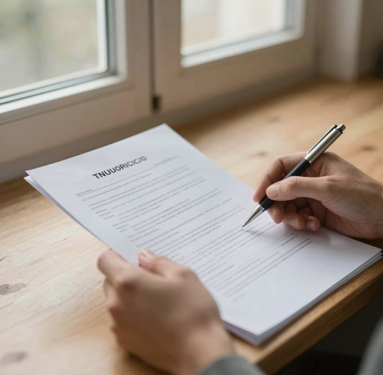 A close-up of hands reviewing official legal documents and county records under soft window light, warm editorial tones, shallow depth of field.