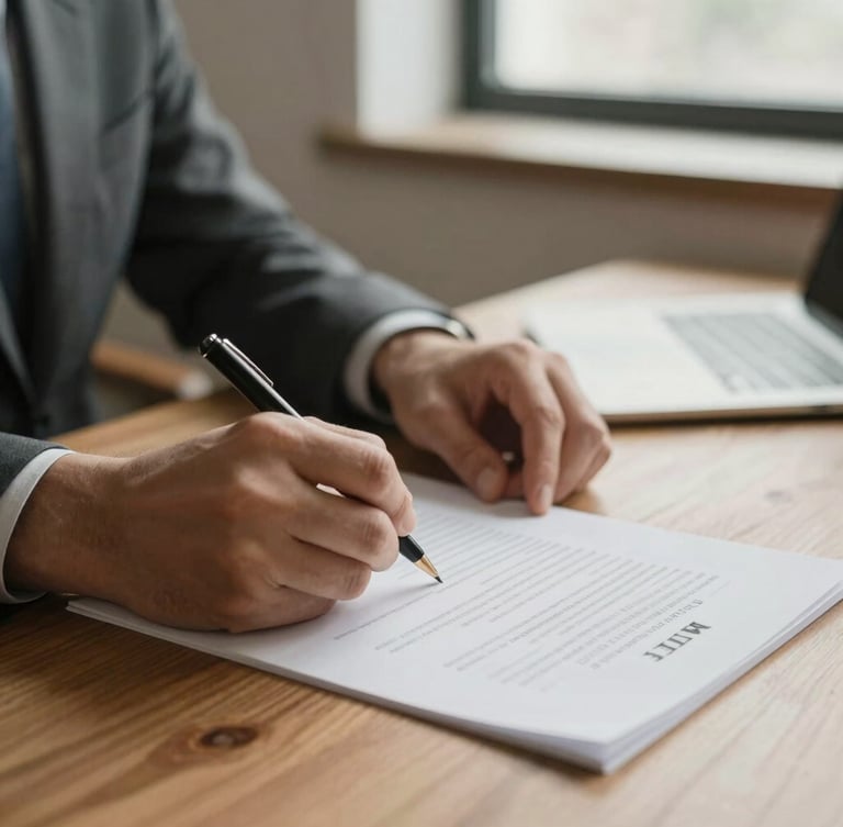 A close-up of hands signing official legal documents on a warm oak desk, soft natural window light, muted earthy tones, shallow depth of field, 35mm lens