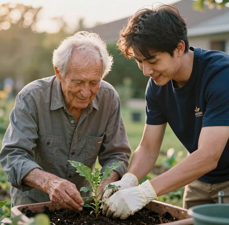 An older gentleman and a younger volunteer smiling together while gardening outdoors during golden hour, rich organic tones, shallow depth of field, 35mm film