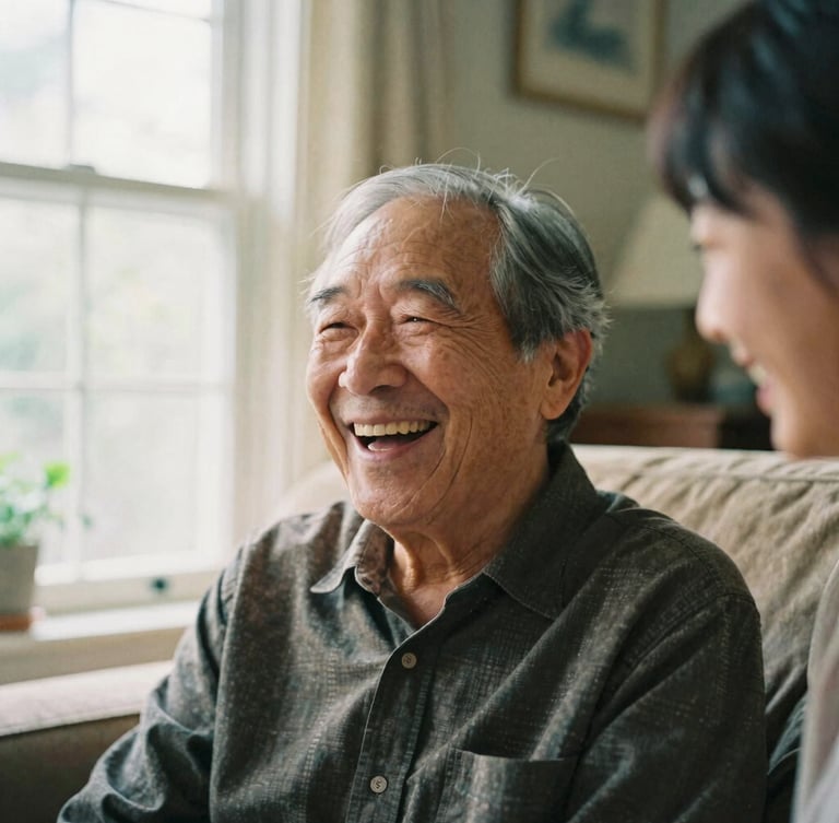 Medium close-up of an older adult laughing with a caregiver in a sunlit Bellevue living room, warm editorial style, soft natural window light, 35mm film.