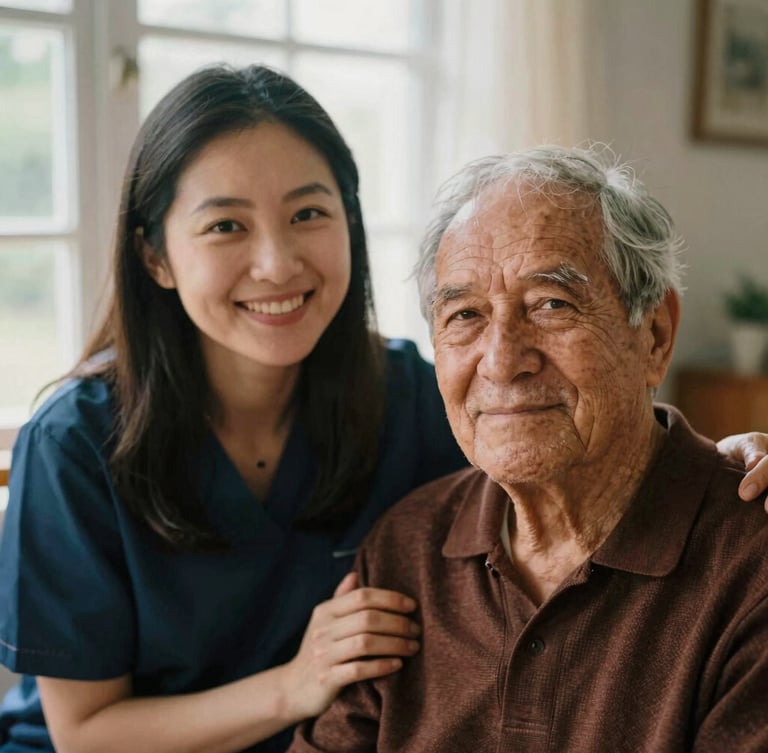 A warm portrait of a caregiver smiling gently next to an older adult, soft natural window light, rich organic tones, shallow depth of field