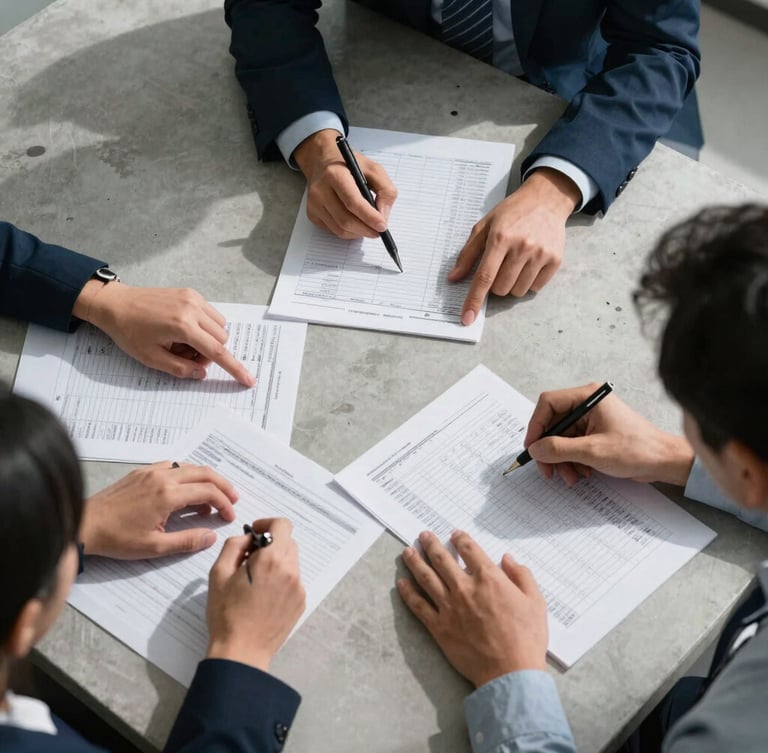 Cool-toned, high-contrast overhead shot of three professional participants analyzing structured data sheets on a light concrete table, focused gestures, sharp shadows.