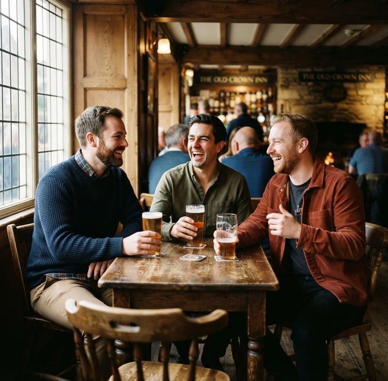 Candid medium shot of three men in smart-casual wear laughing over pints at a warm, wood-paneled pub in Northumberland, soft daylight filtering through a window, 35mm photography.