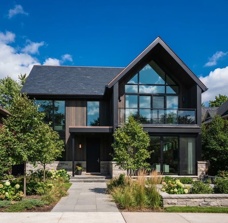 Crisp architectural photography of a modern residential house with a dark slate roof, deep blue sky, bright natural daylight, sharp focus, 35mm