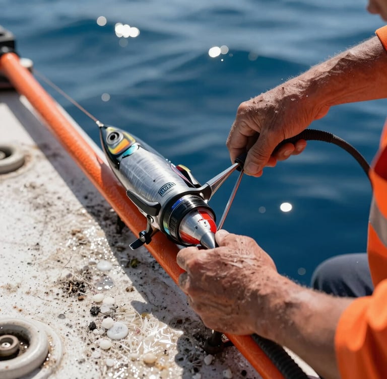 Extreme close-up of weathered hands rigging heavy IGFA-compliant offshore tackle on a salt-crusted deck, bright safety-orange line, intense midday sun reflecting on deep blue water.