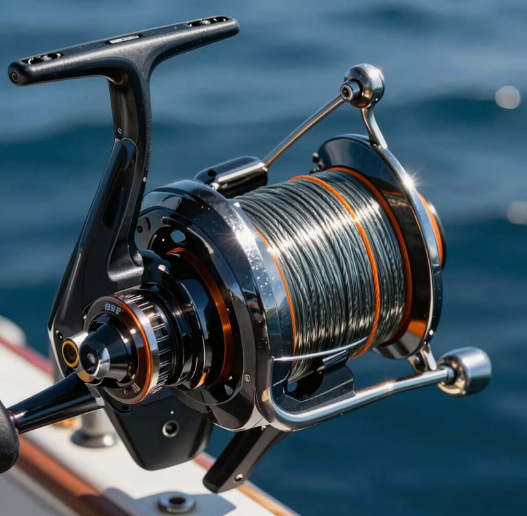 Extreme close-up of a heavy-duty salt-water fishing reel, thick braided line, metallic orange accents, high-contrast sunlight reflecting off deep blue ocean spray.