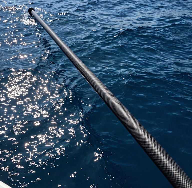 Wide-angle action shot of a heavy carbon rod bent to its absolute limit against a deep oceanic blue background, high-contrast midday sun reflecting off the water.