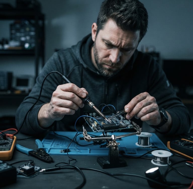 A candid, unposed workspace portrait of a developer at a clean desk with physical computing hardware, cool ambient studio lighting, desaturated charcoal tones, macro lens framing.