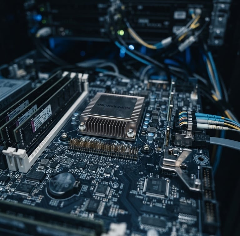 Macro photograph of physical computing hardware, server rack circuit board, cool ambient studio light, desaturated charcoal and electric blue tones, shallow depth of field