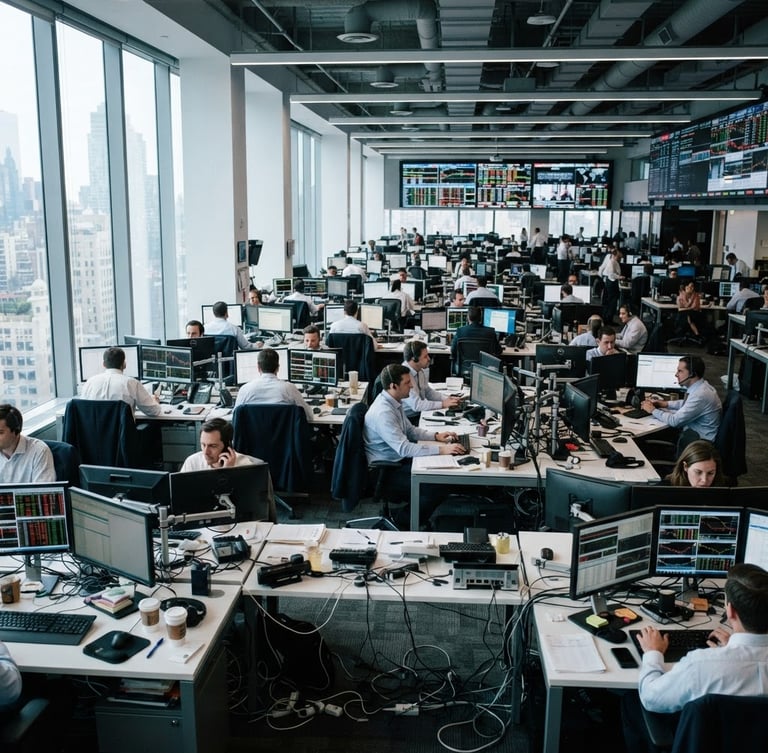 Wide environmental shot of a modern financial trading floor, cool natural office daylight, desaturated corporate tones, sharp focus, 35mm lens