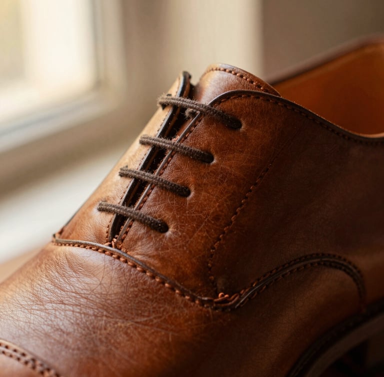 Macro close-up of premium brown leather shoe stitching, warm golden light highlighting the fine grain texture and hand-carved sole edge, shallow depth of field, 35mm