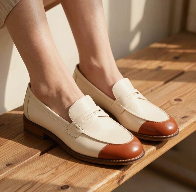 Close-up of elegant women's leather loafers in soft cream and rich terracotta tones, resting on a rustic wooden bench, sunlit shadows from a window, 35mm