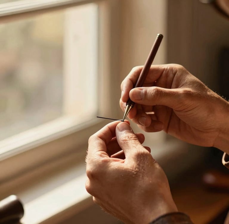 Warm editorial photography of a shoemaker's hands carefully stitching rich espresso brown leather, soft golden-hour window light, shallow depth of field, 35mm