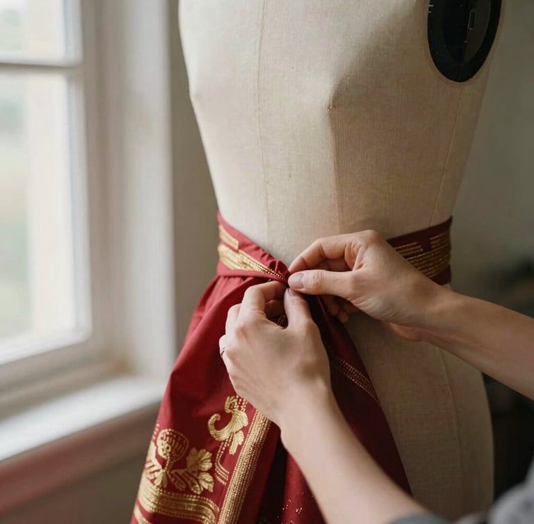 Close-up of a designer's hands carefully draping a rich crimson and gold hand-loomed textile on a vintage dress form, soft side window light, warm neutral tones