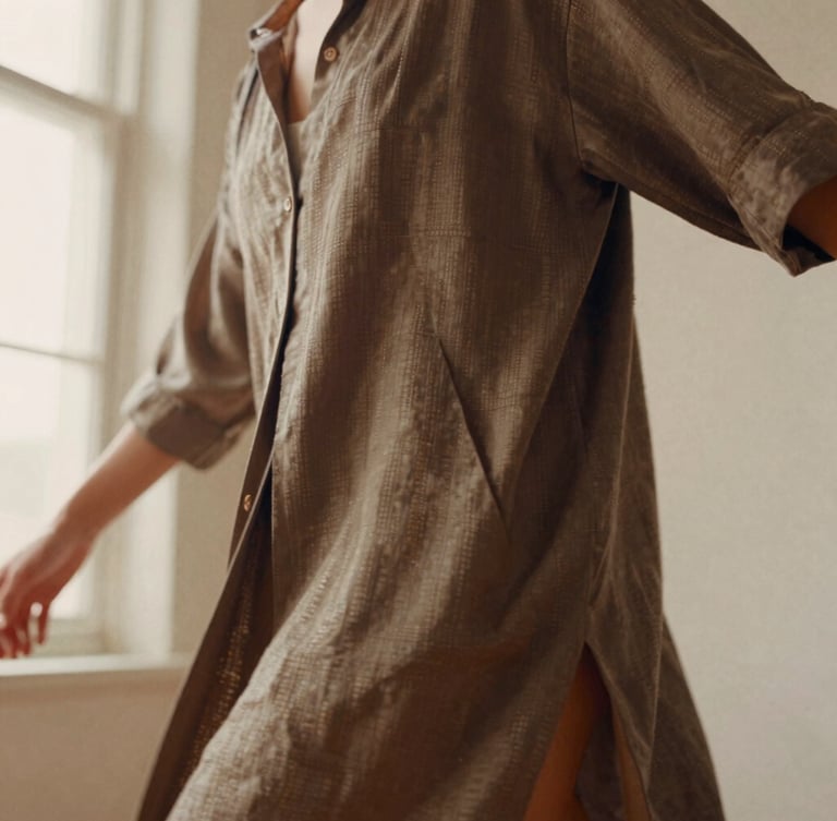 Low-angle editorial crop of a model in motion wearing a structured, hand-loomed silk garment, soft directional window lighting, warm neutral background, 35mm film style