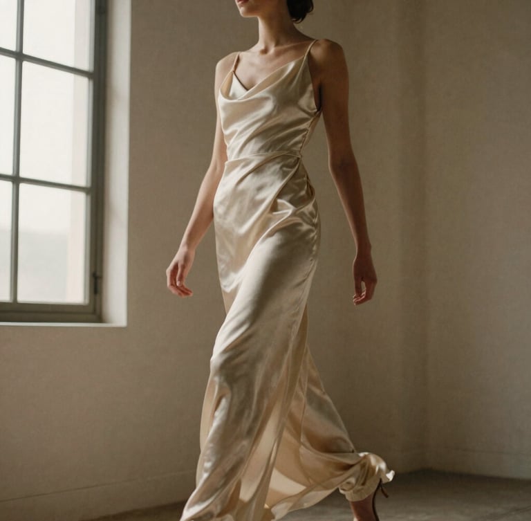 Low-angle full-length shot of an elegant model in motion wearing an asymmetric draped silk gown, soft directional window light, rich warm neutral tones, 35mm film.