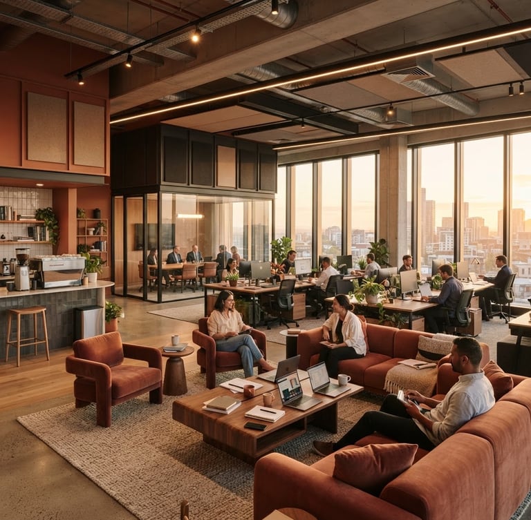Wide architectural view of a modern, luxurious commercial office interior, featuring warm lighting, ergonomic workstations, and collaborative spaces, soft golden-hour window light, rich terracotta and charcoal tones, architectural 35mm lens.