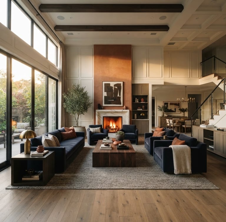 Wide architectural shot of a luxurious modern living room with warm lighting, terracotta accents, and royal charcoal furniture, seen through a 35mm lens.