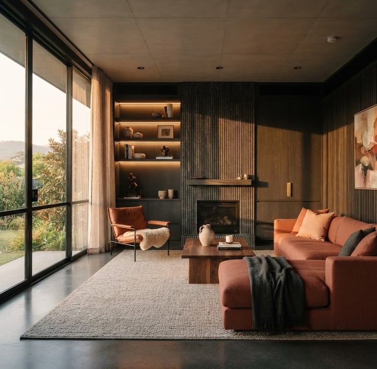 Wide architectural shot of a luxurious modern living room with warm ambient lighting and soft natural golden-hour window light, rich terracotta and charcoal tones, architectural 35mm lens, focus on custom joinery and premium material textures, no people.