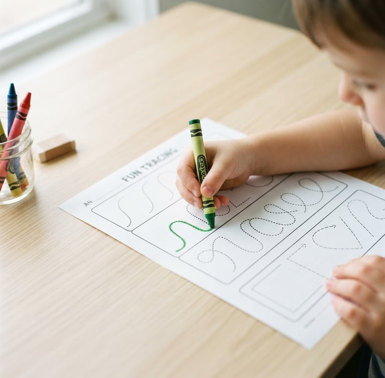 Bright high-key product photography of printed tracing worksheets on a light wood table, child's hand holding a green crayon, natural daylight, crisp details, 35mm