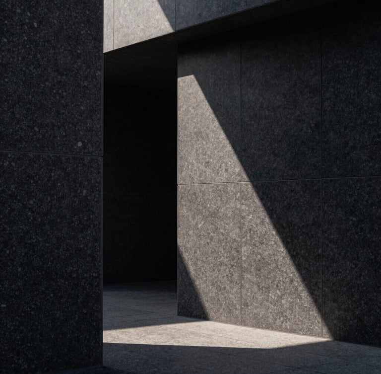 Abstract crop of monolithic dark granite architecture, sharp sunlight casting deep geometric shadows, ultra-clean and quiet luxury