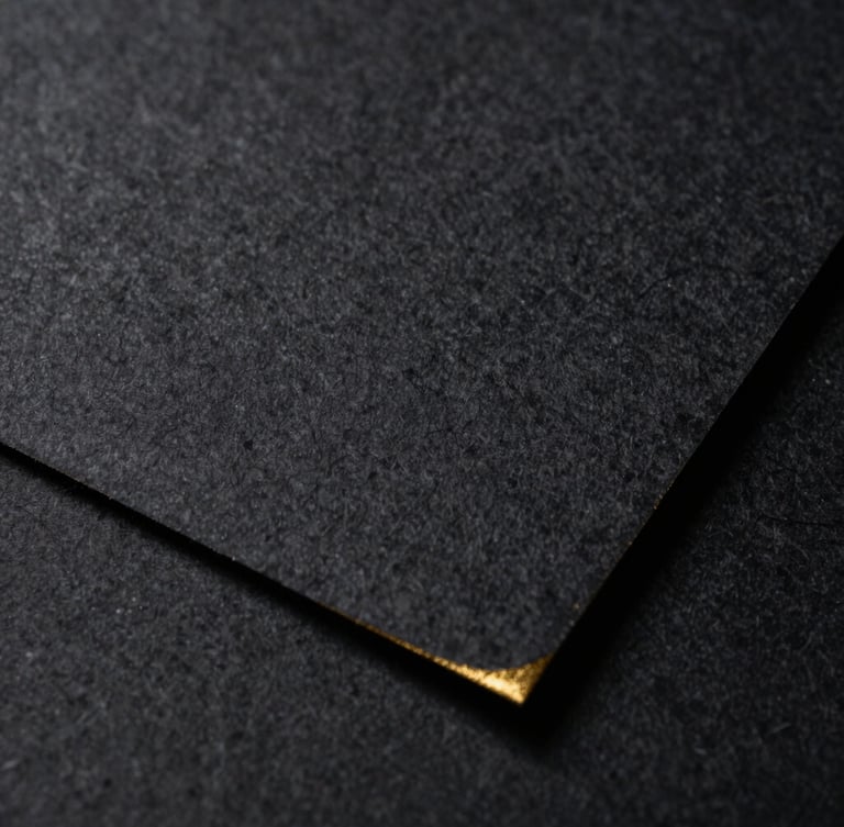 Macro texture of heavy dark cotton paper with a subtle gold-leaf edge, low-key dramatic lighting, extreme close-up, elegant and restrained.