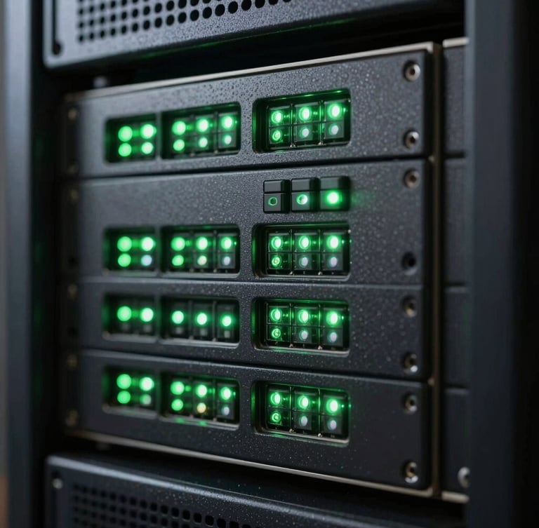Macro close-up of a high-end server rack with blinking green LED indicators, dark background, technical precision lighting.