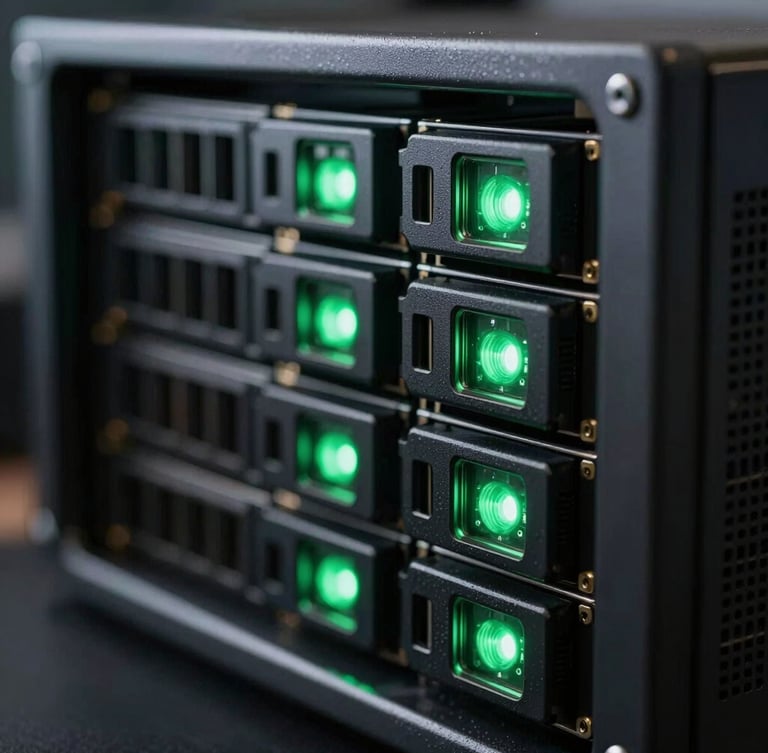 Macro close-up of high-end server hardware rack, glowing emerald green status lights, sharp focus, cool-toned dark environment