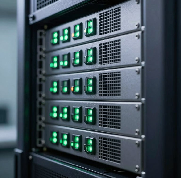 Macro shot of a high-end server rack with sharp green status lights, clean geometric lines, cool-toned studio lighting, technical precision focus.