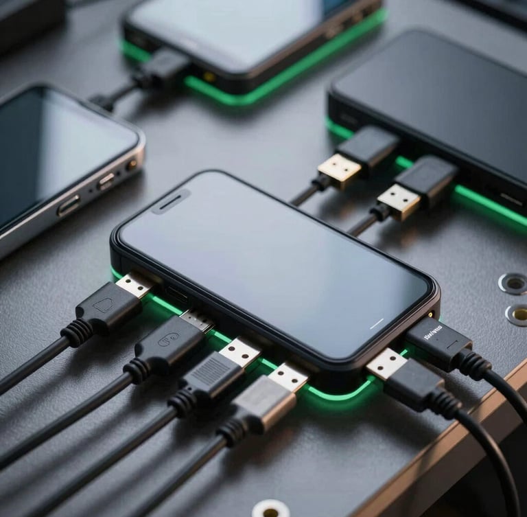 Macro shot of a physical Android test bench with multiple devices connected via USB cables, subtle green rim-lighting on dark metallic surfaces