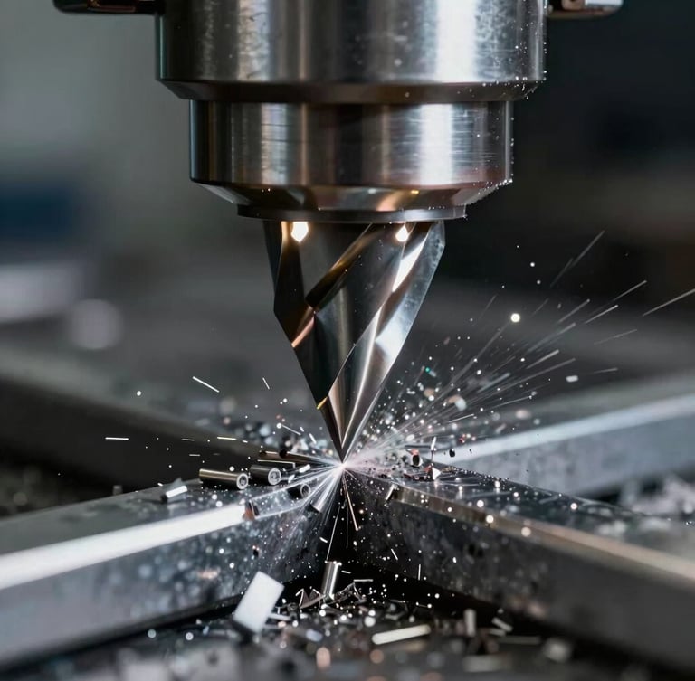 Macro shot of a CNC milling cutter slicing through steel with high-contrast cool LED lighting, metallic shavings flying, sharp focus on the cutting edge, portrait aspect ratio.