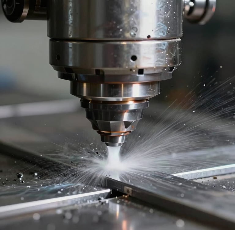 Extreme close-up of a CNC milling cutter carving steel with cooling fluid spray, high-contrast industrial lighting, sharp metal textures