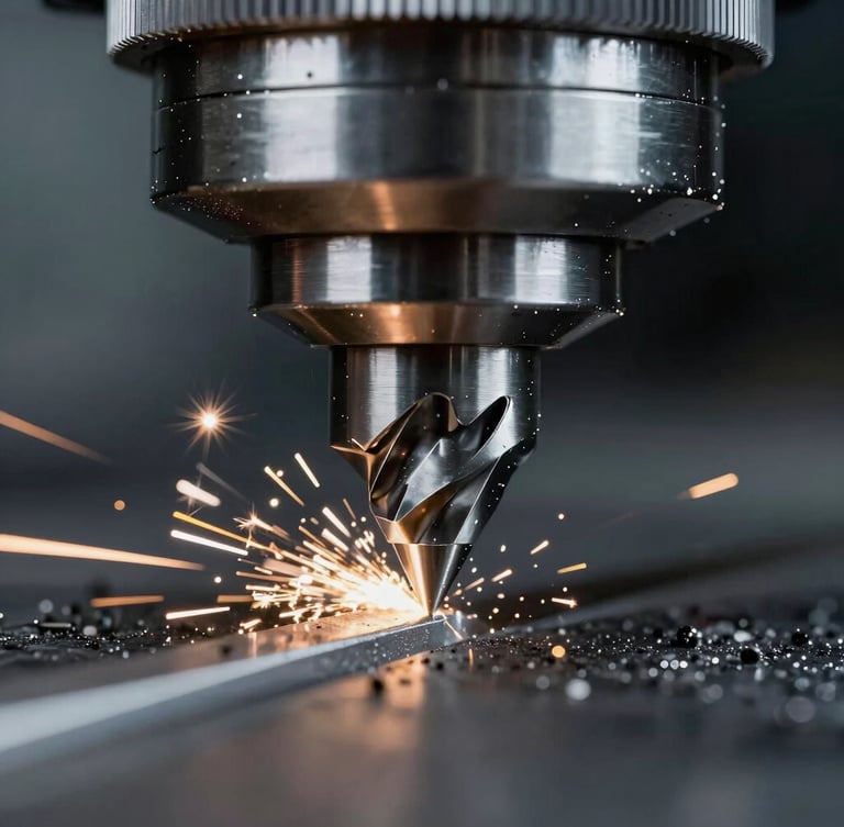 Macro extreme close-up of a CNC milling cutter head carving steel, high-contrast metallic sparks, cool LED lighting, sharp focus on metal textures