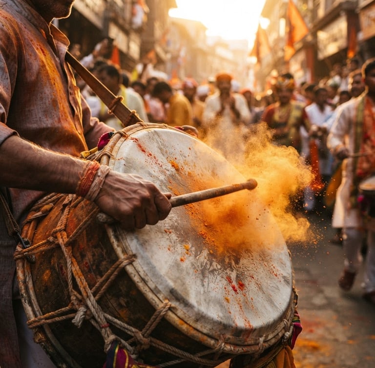 Dynamic close-up of a traditional Maharashtrian Dhol drum, thick leather drumhead with calloused hands holding wooden sticks mid-strike, flying saffron dust, intense golden-hour sunlight filtering through a historic Pune street, high-contrast action shot.