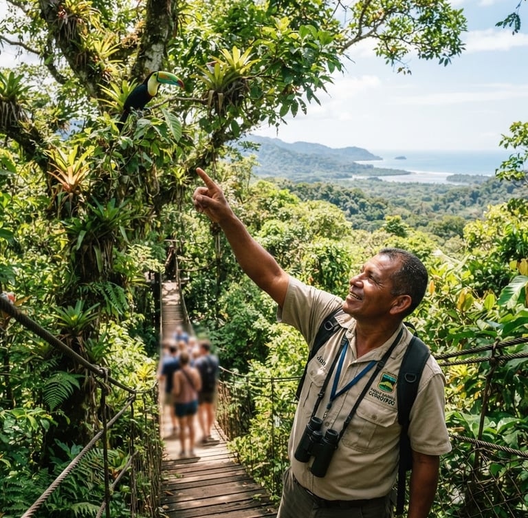 Wide-angle action shot of native naturalist guide pointing out wildlife in Uvita canopy, vibrant jungle greens, bright tropical sunlight, 35mm film feel.