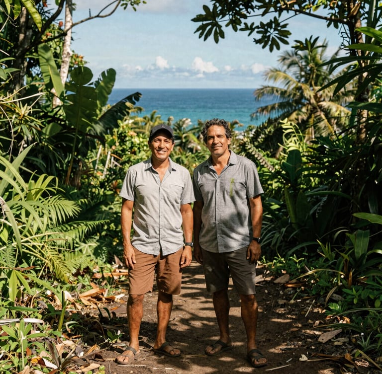 Medium portrait of two Costa Rican founders standing proudly on a rainforest trail in Uvita, warm natural sunlight, professional eco-editorial style.